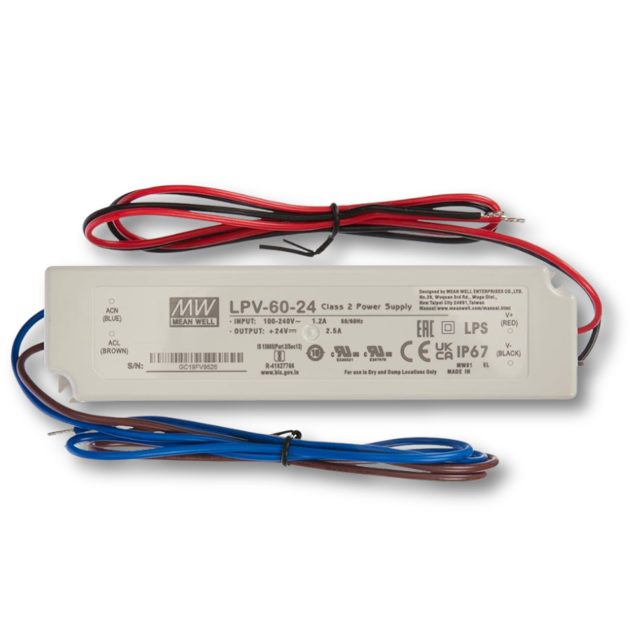Fuente de Poder Mean Well LPV-60-24 – 60W 24VDC 2.5A – Montaje Exterior IP67