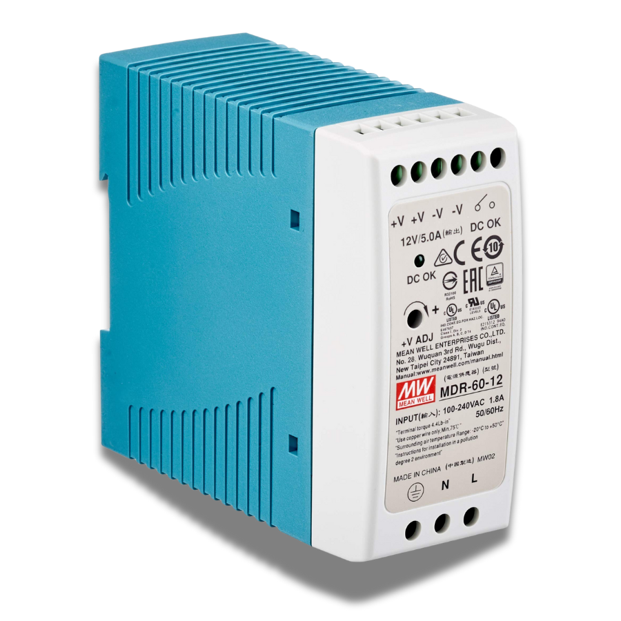 Fuente de Poder Mean Well MDR-60-12 – 60W 12VDC 5A – Montaje Riel DIN