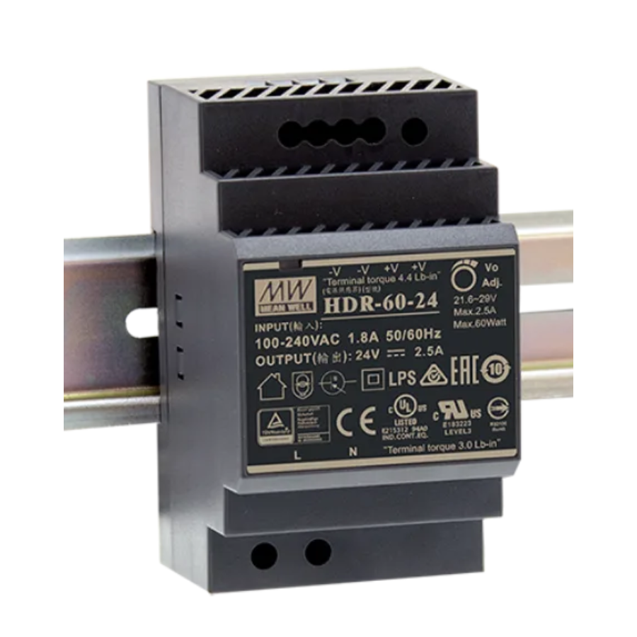 Fuente de Poder Mean Well HDR-60-24 – 60W 24VDC 2.5A – Montaje Riel DIN