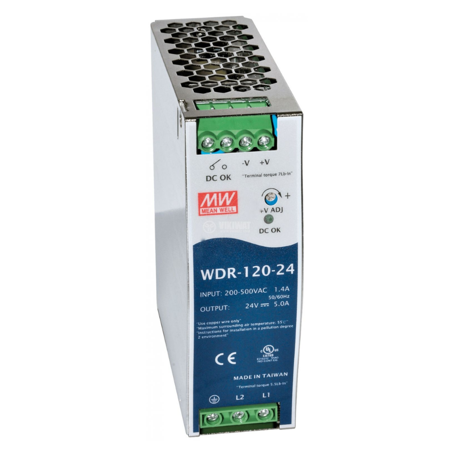 Fuente de Poder Mean Well WDR-120-24 – 120W 24VDC 5A – Montaje Riel DIN