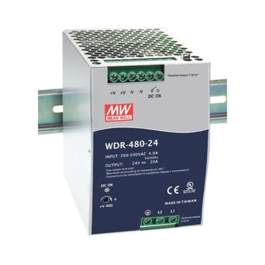 Fuente de Poder Mean Well WDR-480-24 – 480W 24VDC 20A – Montaje Riel DIN
